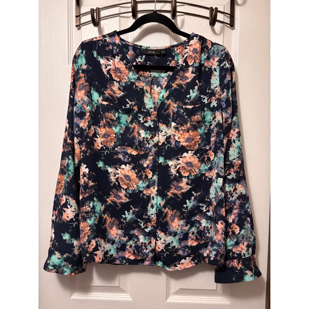 Apt. 9 Womens Navy Blue Abstract Floral Button Down Blouse Long Sleeve Medium